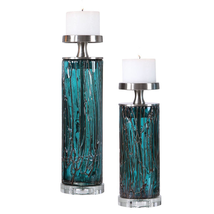 Uttermost Almanzora Teal Glass Candleholders S/2